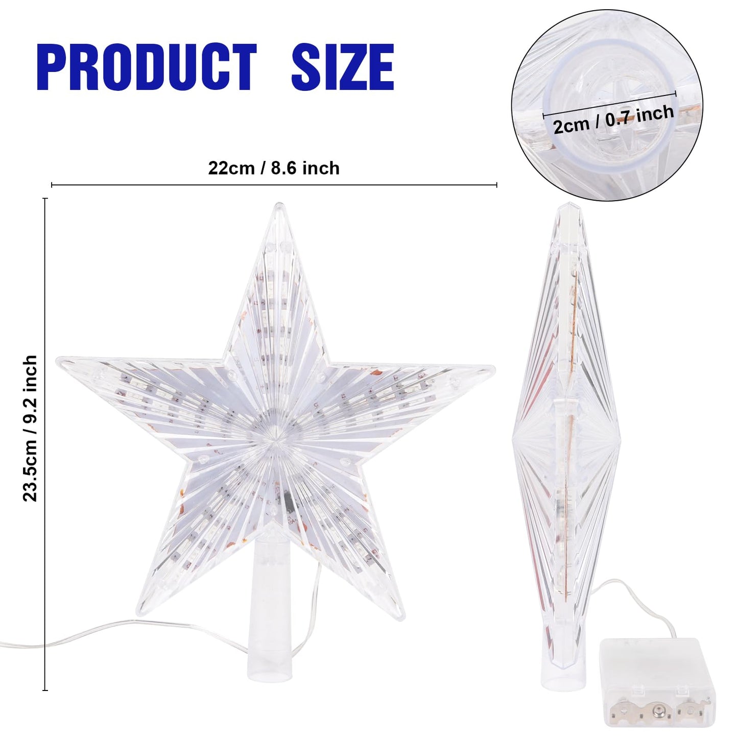 DERAYEE Christmas Tree Topper, 9 Inch Lighted Xmas Star Tree Topper Battery Operated Treetop for Christmas Tree Decorations Indoor Home Décor (6H Timer, Blue Lights)