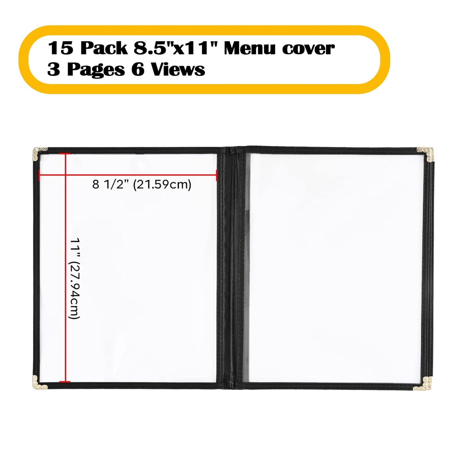 Menu Covers Restaurant 8.5x11 Inch - 15-Pack Black Leather-Style Waterproof Holders with 3-Pocket Side-Loading Sleeves & Gold Corners for Upscale Dining
