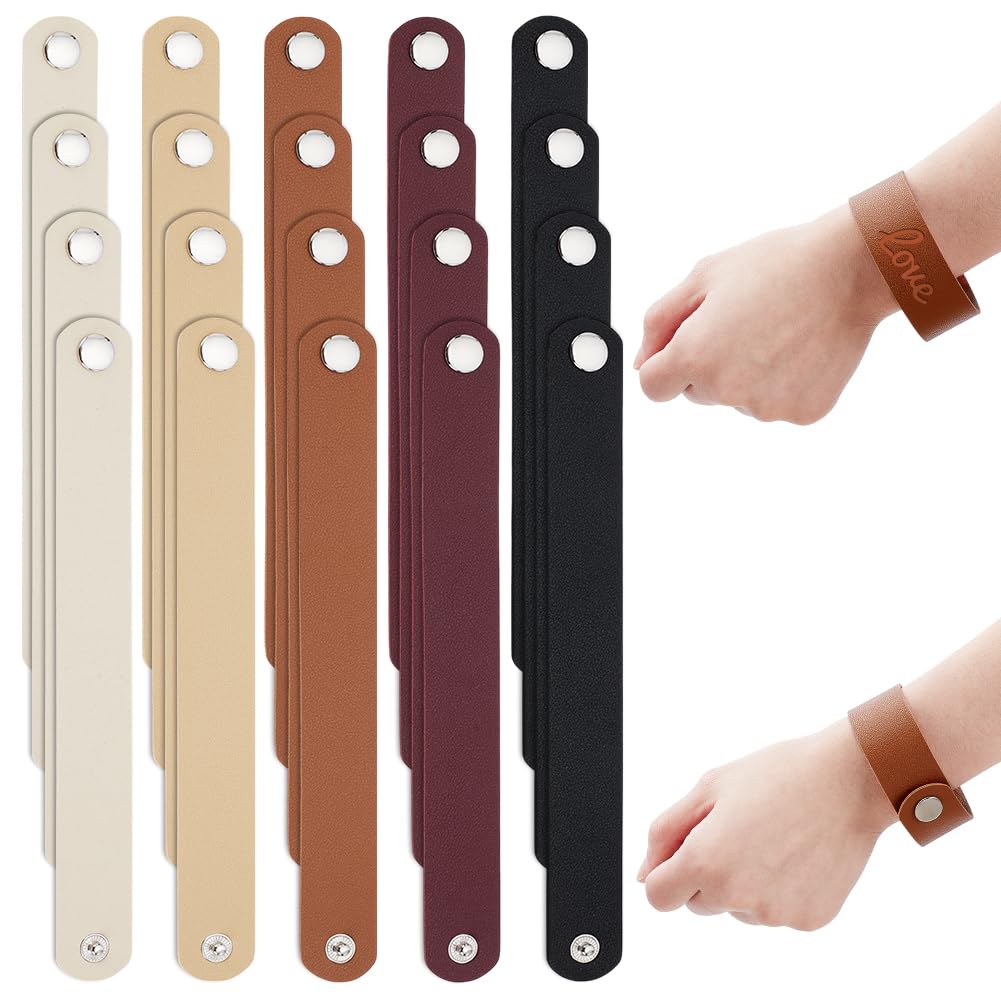 PH PandaHall 20pcs 5 Colors PU Leather Bracelets, 8-3/4 x 1 inch Plain Leather Snap Bracelets Blank Wrist Leather Cuffs Leather Straps with Snaps for DIY Crafts Wristbands Men Women Jewelry Making