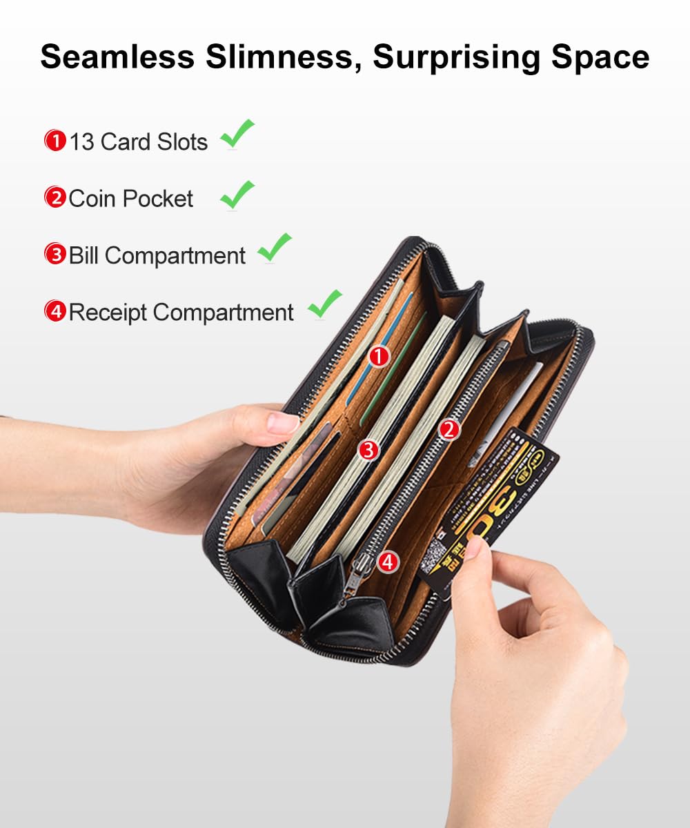 Plinvo Men's Long Genuine Leather Wallet Large Capacity Zippered Pouch with Coin Purse Stylish and Unisex Black (Blue)