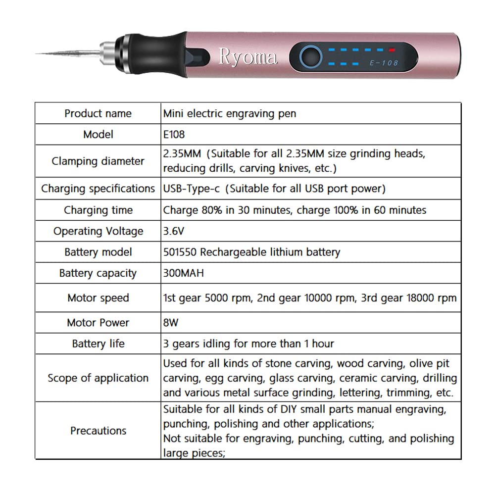 Rechargeable cordless Electric Micro Engraver Pen Mini DIY Engraving Tool Kit for Metal Glass Ceramic Plastic Wood Jewelry with 30 Bits and 16 Stencils and 1 Scriber Pen (Rose gold)