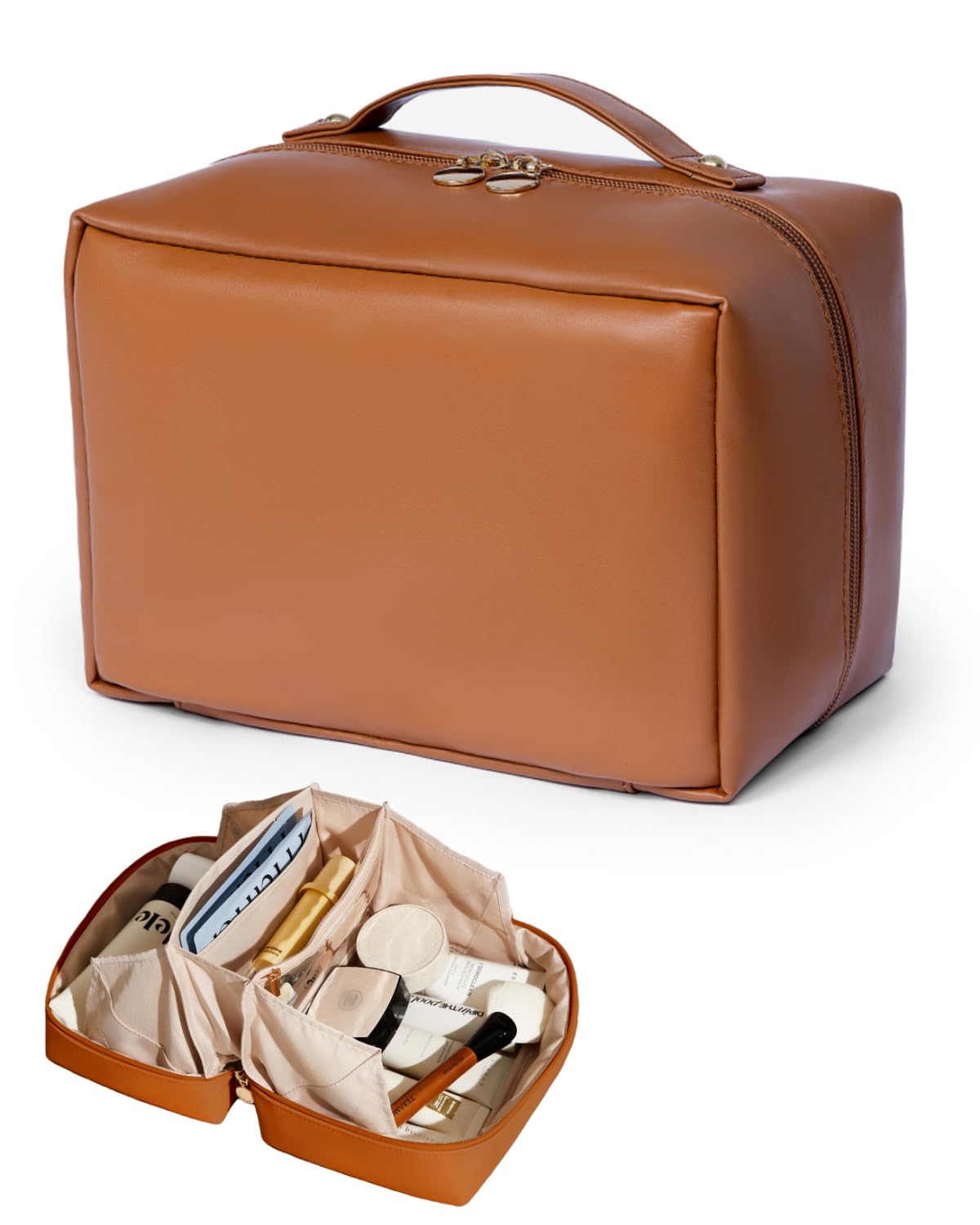 Travel Makeup Bag, Large Capacity Cosmetic Organizer Bag for Women, 180° Flat Open Makeup Case with Compartments, Waterproof PU Leather Toiletry Bag for Skincare, Brushes & Beauty Travel Essentials