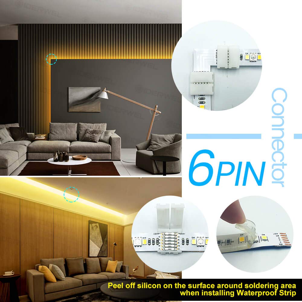 GIDERWEL RGBWW 6 Pins LED Strip Connectors L Shape,6 Pack LED Strip Light 12mm Right Angle Corner Solderless Connector LED Connection for Lightstrip Plus V3/RGBCCT LED Strips