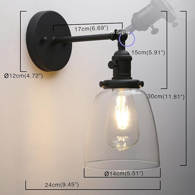 Pathson Vintage Hardwired Wall Sconce with On Off Switch, Clear Glass Black Vanity Light, Indoor Wall Lighting Fixtures for Bathroom Bedside Garage Porch Cafe Club