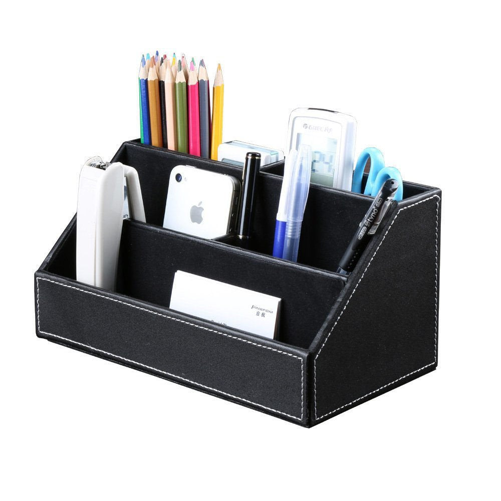 KINGFOM 5PCS Desk Organizer and Accessories Set, Pu Leather Office Supplies with Multifunction Desktop Organizer Storage Box, Tissue Holder, Mouse Pad, Note Paper Holder, Pencil Holder for Desk Black