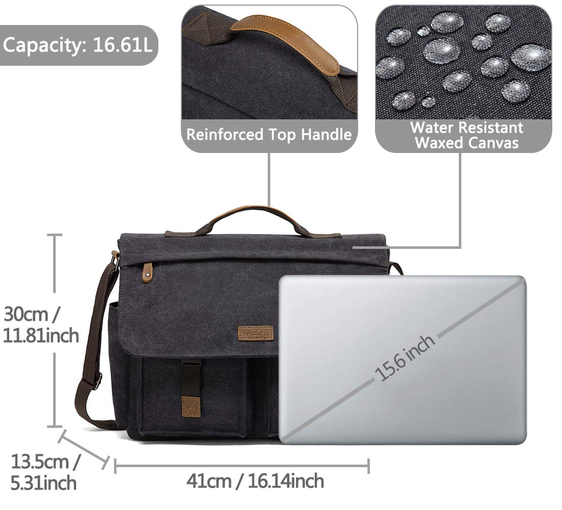 Messenger Bag for Men, VASCHY Vintage Water Resistant Waxed Canvas Satchel 15.6 inch Laptop Briefcase Shoulder Bag with Padded Shoulder Strap Gray