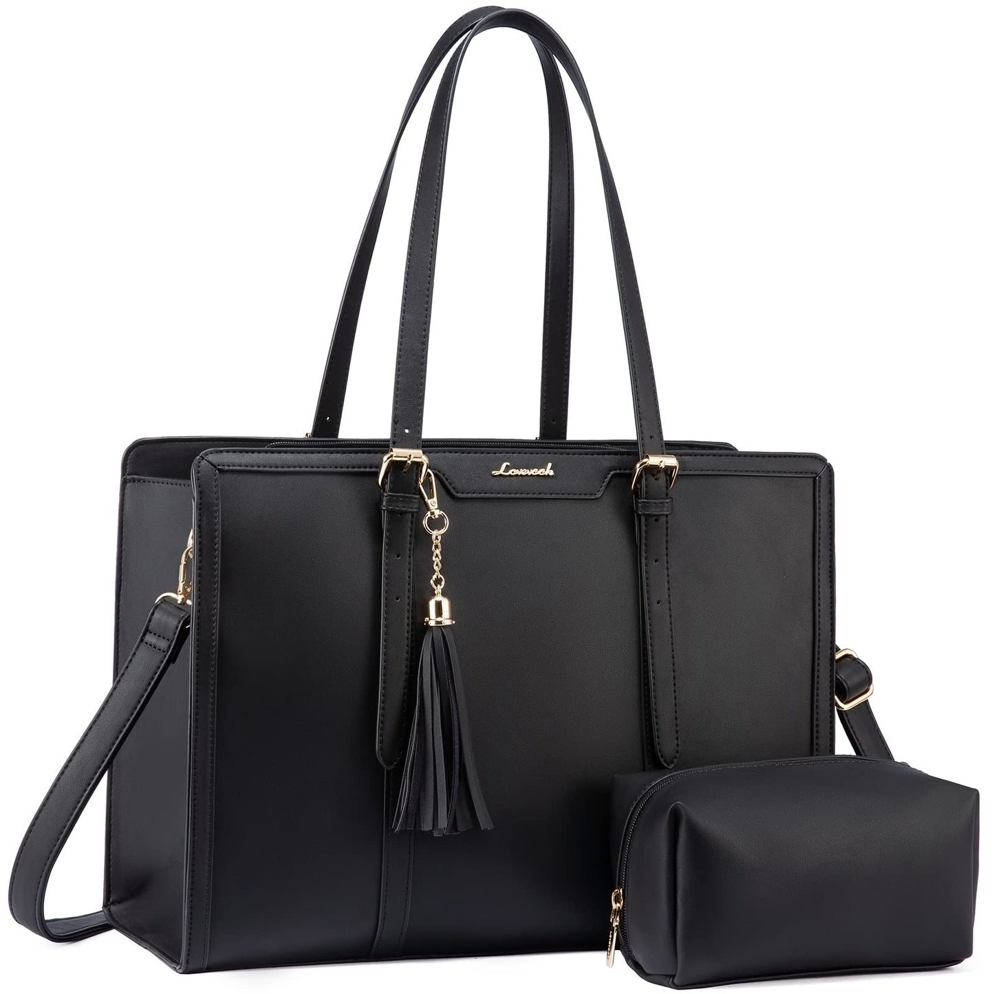 LOVEVOOK Laptop Bag for Women 17.3 Inch Lightweight PU Laptop Tote Bag, Large Capacity Computer bag with Clutch Purse for Business, Work, Office, Travel, School, Casual(Black & Leather)