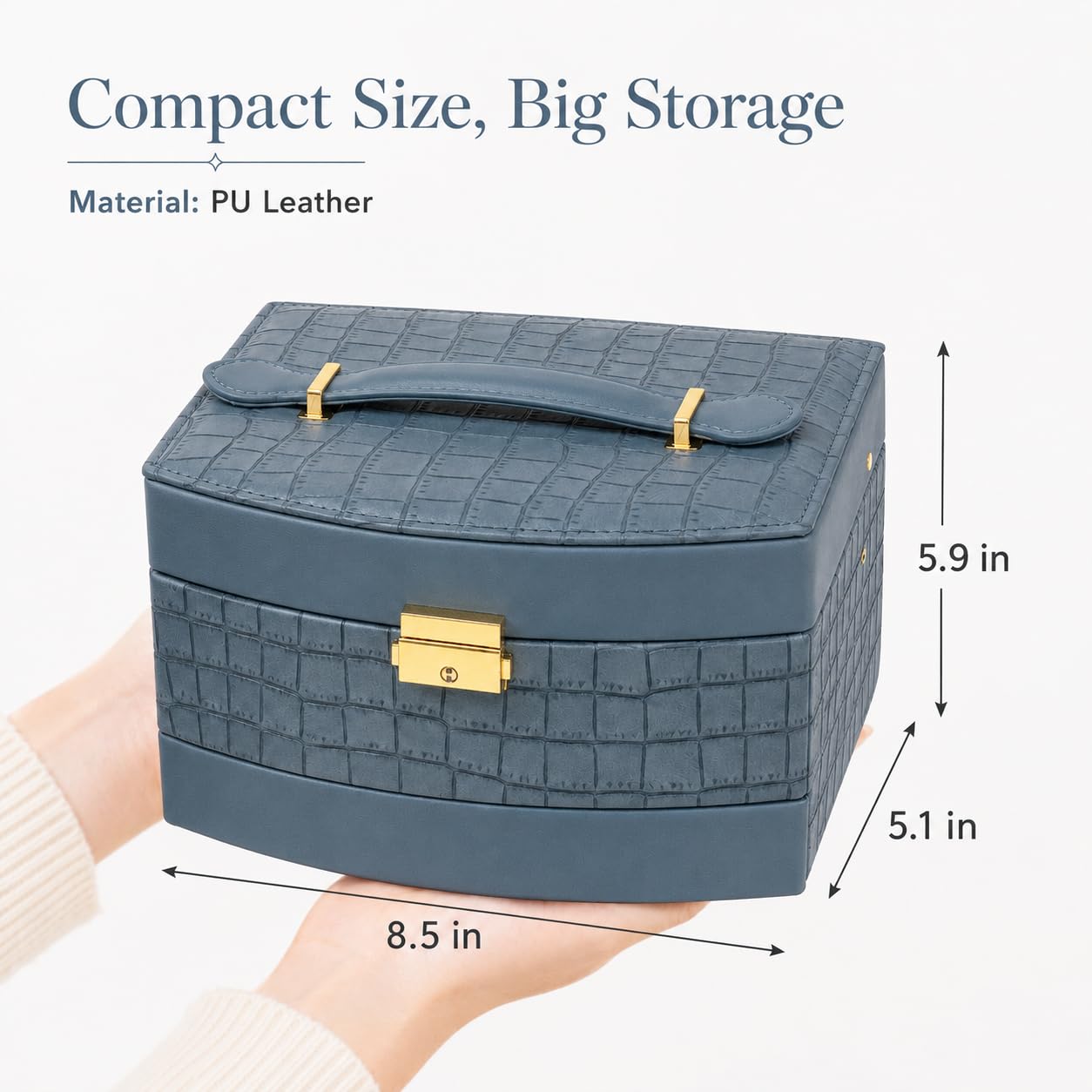 Hmsnyysl Elegant 3 Layer Lockable Jewelry Box for Women – Mirrored Jewelry Organizer with Key & Drawer, Travel Friendly PU Leather Storage Case,Gift for Wife, Mom, Daughter(Blue)