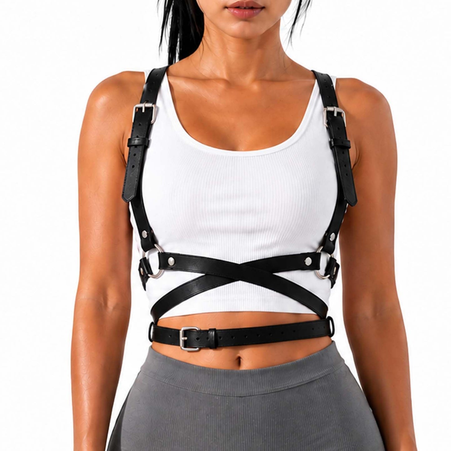 Gothic Leather Waist Harness Belt for Women - Adjustable Chest Vest Body Harness Chains Top for Party, Nightclub, Dating (black)