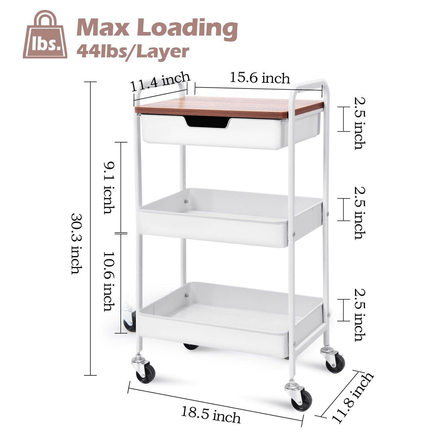 TOOLF 3 Tier Metal Utility Rolling Cart - White Storage Cart with Drawer and Wooden Table Top, Trolley Kitchen Organizer Rolling Desk with Locking Wheels for Office, Classroom, Home, Bedroom