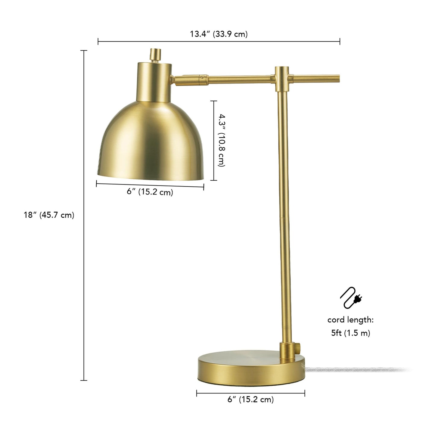 Globe Electric 61000058 18" Desk Lamp, Matte Brass Finish, Metal Shade, Adjustable Pivot Joint, Rotary Switch, Modern Lighting for Bedroom or Office, Timeless, Lights for Home, E26 Base
