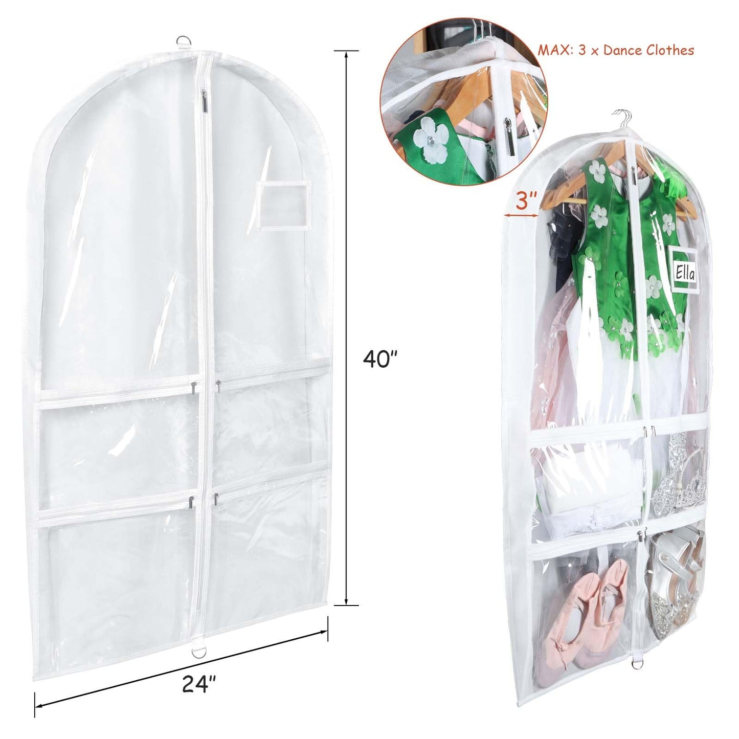Syeeiex 3" Gusseted Dance Costume Garment Bag(5 Pack), 40'' Dance Garment Bags for Dancers with 4 Zipper Pockets & Can Hold 1-3 Dance Costumes - Suitable for Dance Competitions, Ballet(White)