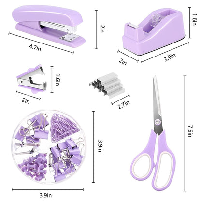 Office Supplies,Purple Desk Accessories,Desk Organizer,Phone Stand,Scissors,Stapler,Tape Dispenser,Binder clips,Staples,staple remover,Sticky Notes,Index Tabs,Clear Tape,Mini Box Cutter,Cool Pen.16pcs