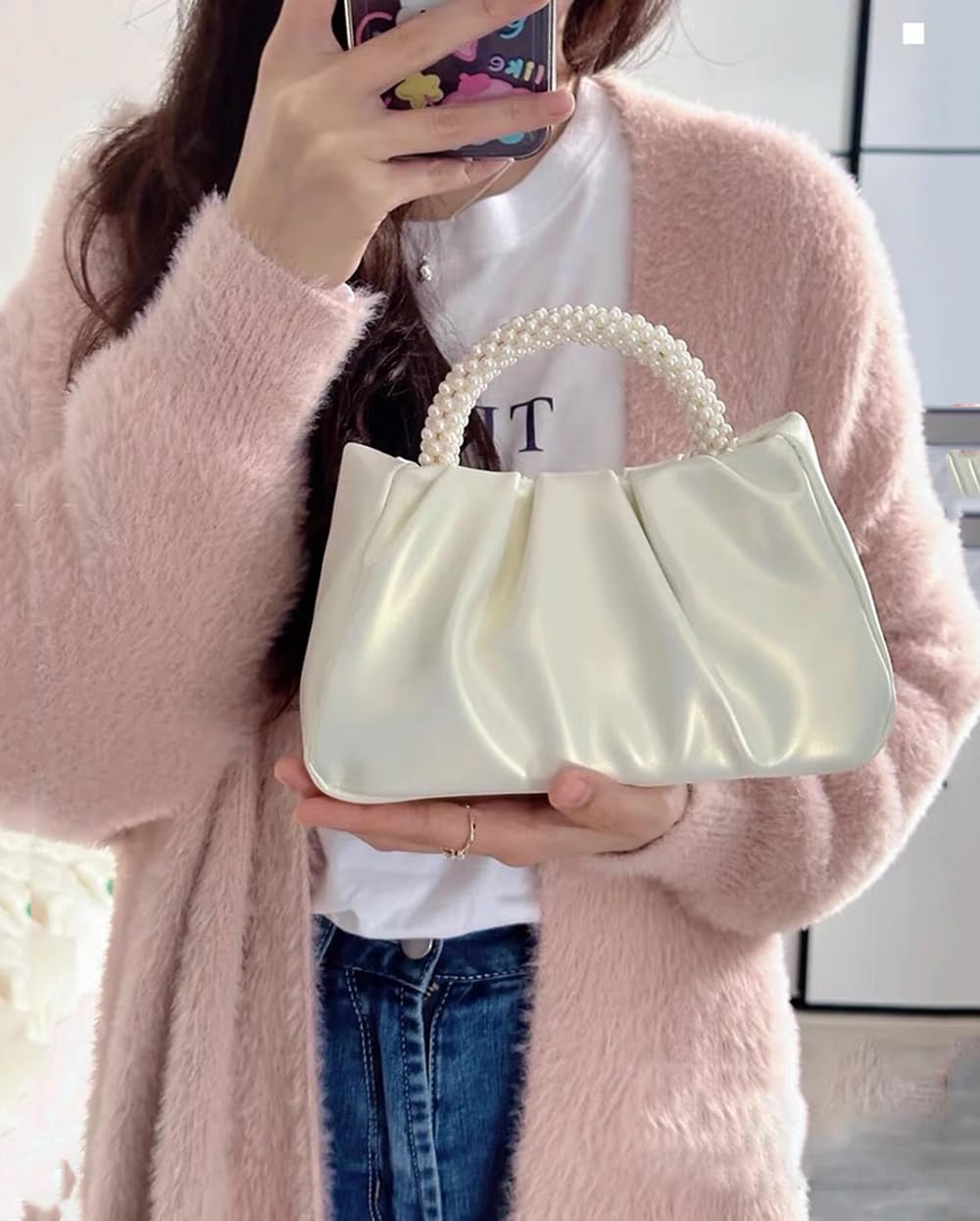 Beatfull Evening Purse Women Small Pearl Handbags Soft Leather Ruched Bag Wedding Bridal Clutch Party Prom Crossbody Purses White