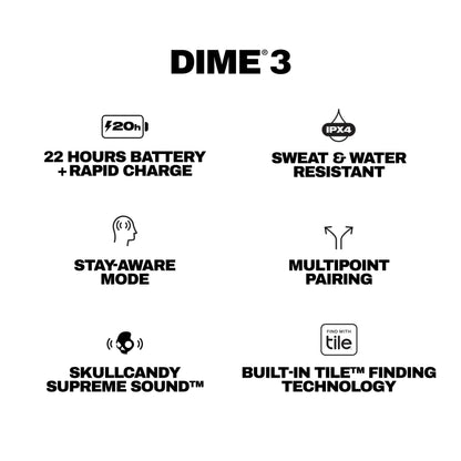 Skullcandy Dime 3 Wireless Earbuds, Bluetooth Headphones, Noise Isolating Fit, Up to 20 Hours Battery, Microphone for iPhone Android, Easy Carry with Integrated Lanyard - Bone