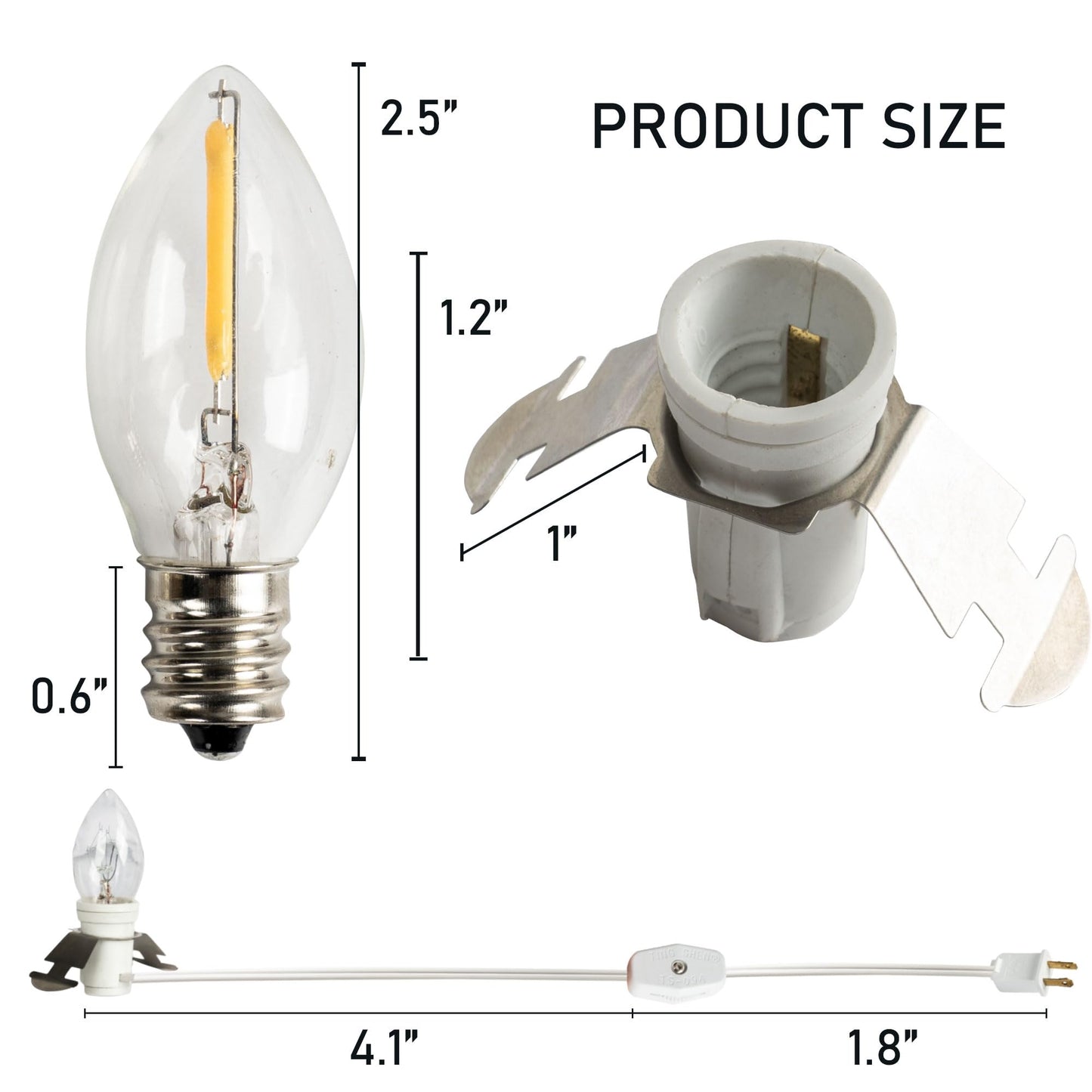 Dazzle Bright 4 Pack 6 FT Accessory Cord with LED Light Bulb E12 Socket White Cord with On/Off Switch Plug, C7 Candelabra Light Bulbs for Holiday Decorations, Christmas Village House, Pumpkin Lights