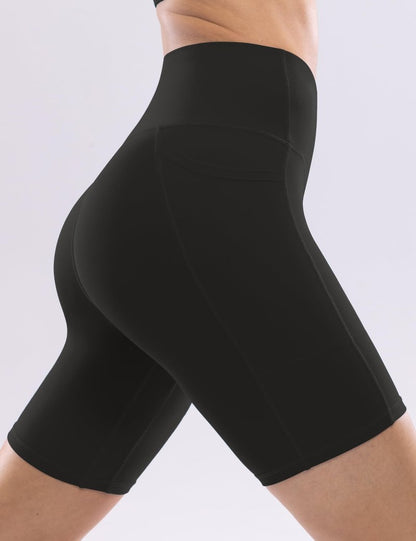 POSHDIVAH Women's Creamluxe Yoga Shorts with Pockets - 8" High Waisted Spandex Workout Running Volleyball Biker Shorts, Black Large