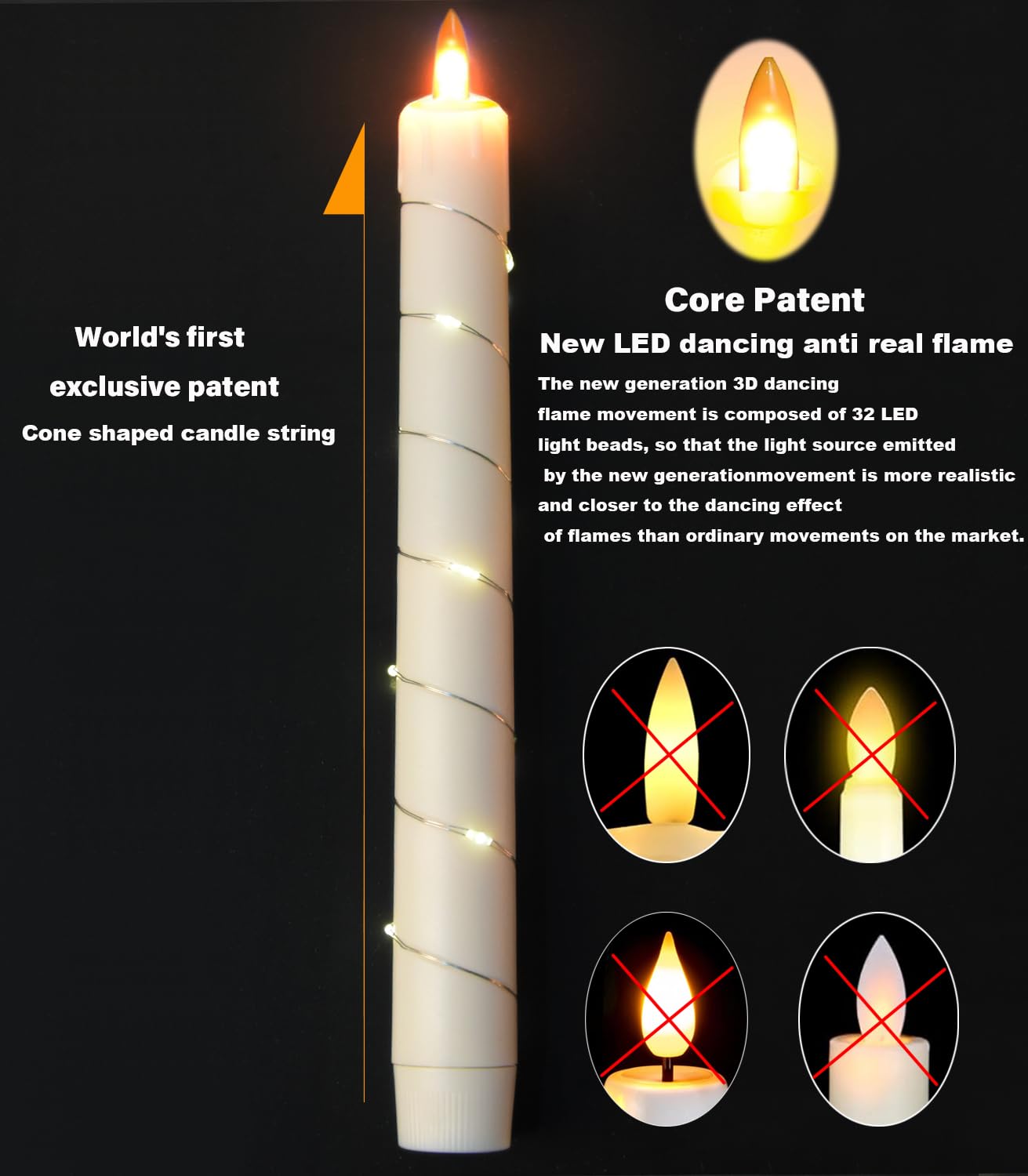 Flameless Cone Candle with Built-in Star String Light, 11-Button Remote Control, Timer, Battery Powered, Simulated Flame, 3-Pack Window Candle, Christmas Home & Wedding Decoration (White, red, Blue)