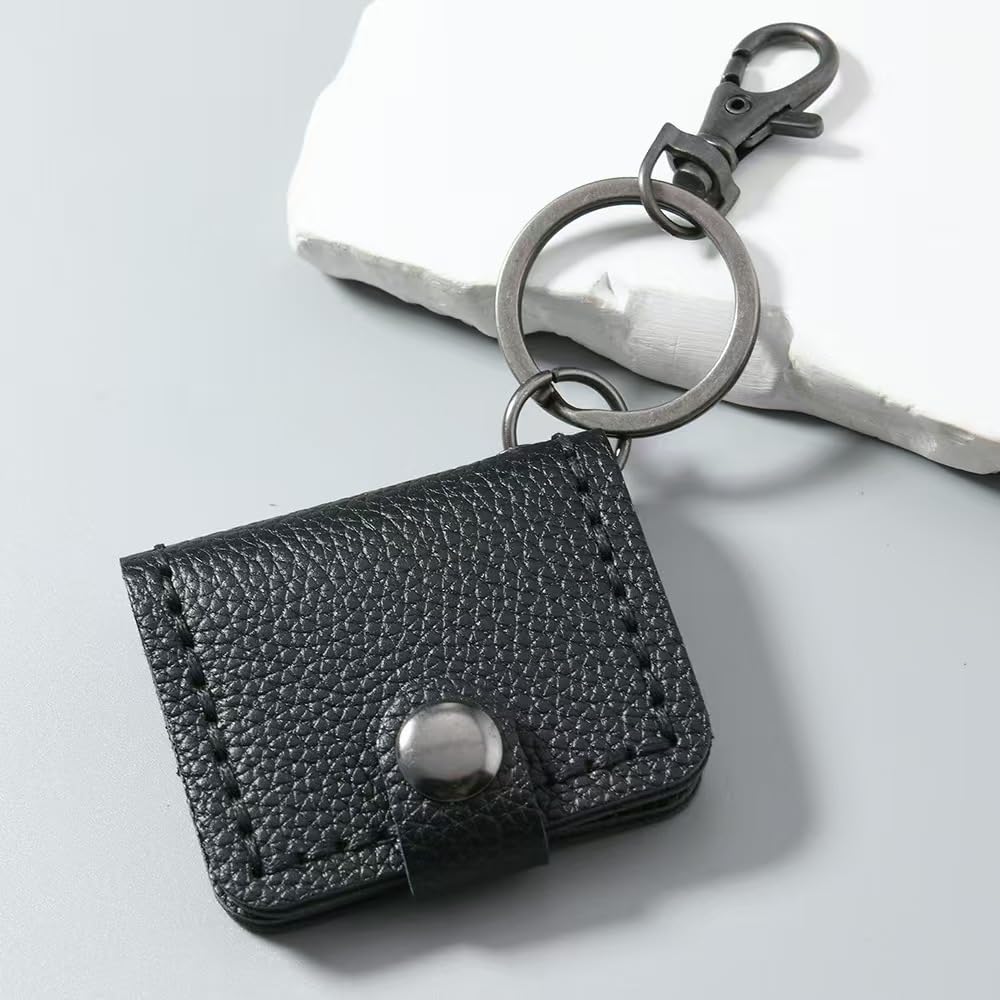 Mini Genuine Leather Photo Card Holder Keychain, Vintage Key Ring Charm with Lobster Clasp for Men Women (Black)