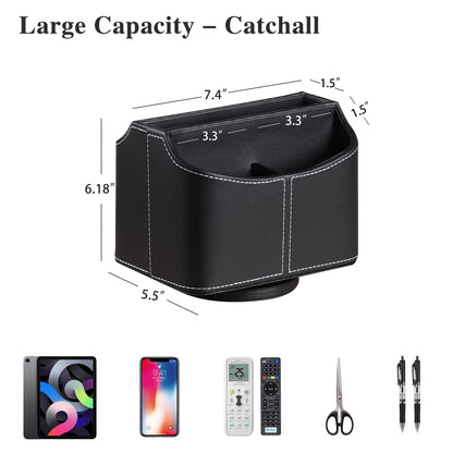 YAPISHI Leather Remote Control Holder, 360 Degree Spinning Desk TV Remote Caddy/Box,Bedside Table Organizer for Controller, Media, Mail, Calculator, Mobile Phone and Pen Storage