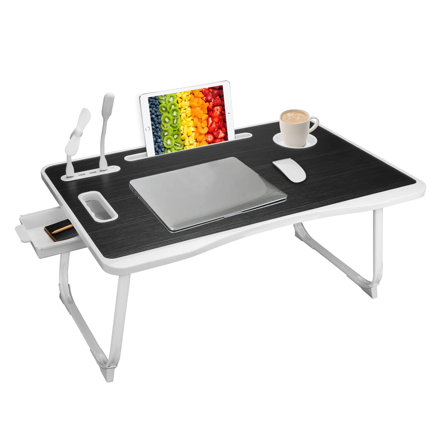 Laptop Bed Table, Laptop Desk for Bed, Foldable Laptop Bed Desk with USB Charge Port, Handle, Desktop Card Slot, Cup Slot, Side Drawer, Portable Laptop Table for Bed Eating Reading Working