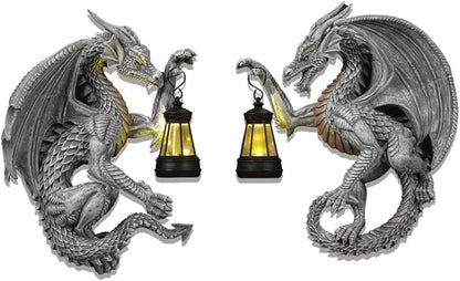Dragon Outdoor Porch Decor Hugger with Solar Lantern Gothic, Dragon Statue Garden Lights, Gifts for Mom, Housewarming Gifts for Women, Ideal Dragon Garden Decor-Pair