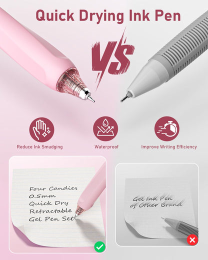 Four Candies Writing Ink Pens with Black & Pink Ink and 2Pack Highlighter, Cute Retractable 0.5mm Smooth Writing Pens,Pink Pens for School, Office Girly Stationery Aesthetic Desk Accessories Set of 14