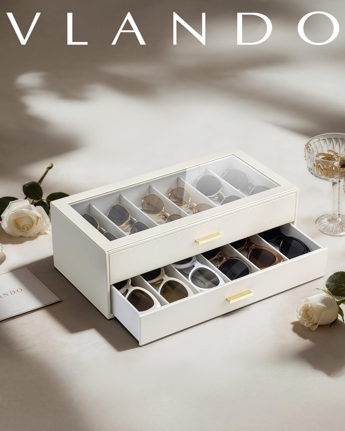 VLANDO 12-Grid Sunglasses Organizer Case, Large Capacity Eyeglass Storage Box with Clear Top Lid & 2 Drawers, PU Leather Sunglass Holder for Women Men, Ideal Gift for Eyewear Lovers - Beige