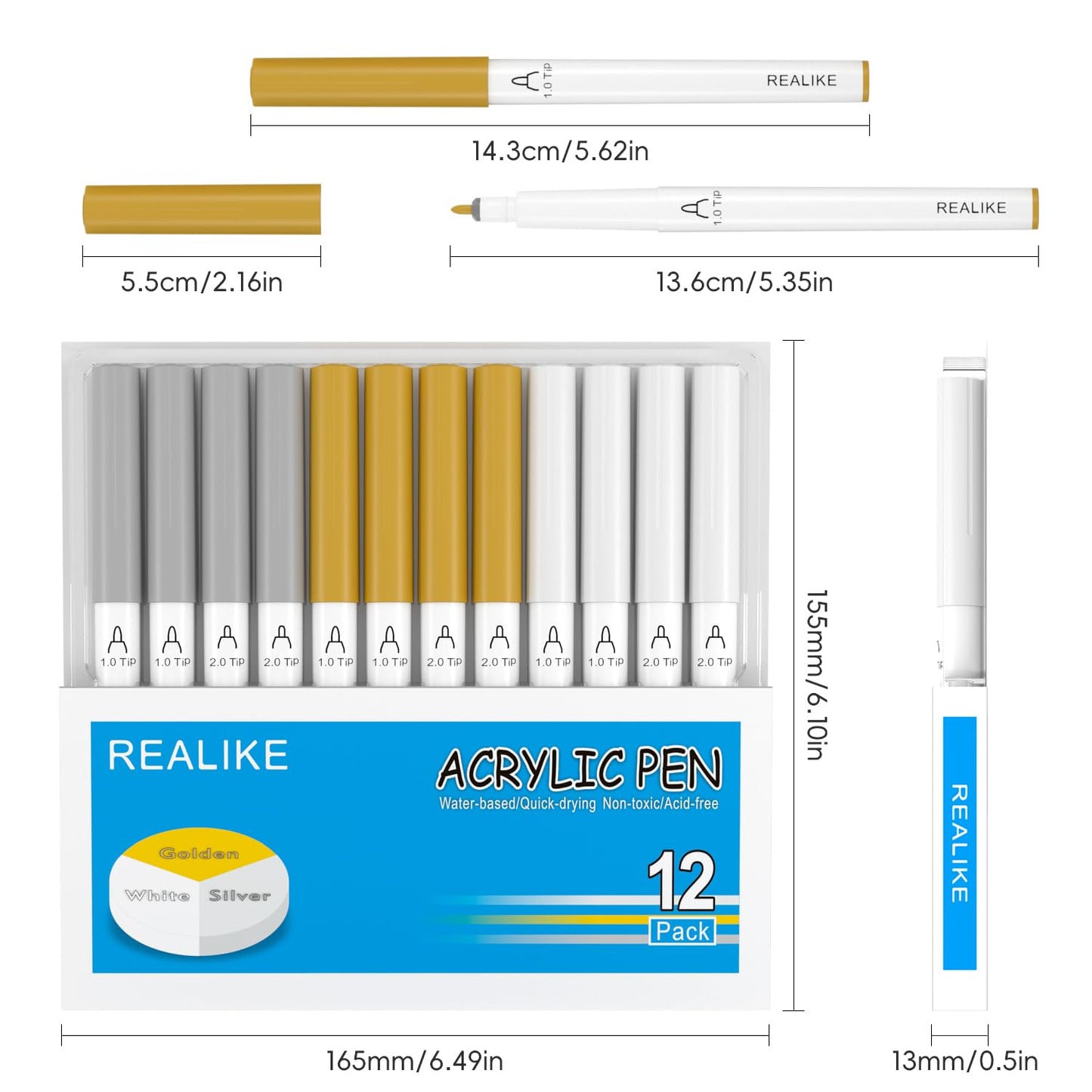 REALIKE Acrylic Paint Markers for Cricut Maker 4/ Maker 3/Maker/Explore 4/3/Air 2/Air, Gold Silver White Acrylic Paint Pens for Rocks, Paper, Wood, Canvas, Glass, Ceramic, Fabric (1.0 & 2.0 Tip)