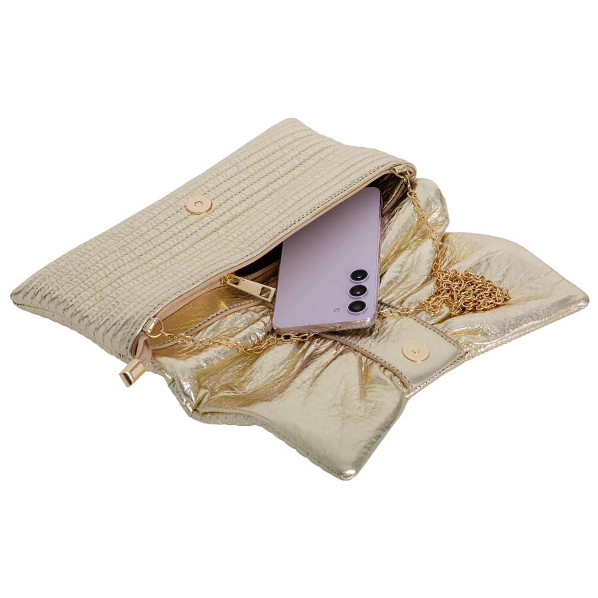 JNB Faux Leather Envelope Clutch Purse, Women’s Crossbody Bag with Detachable Chain, Zipper Pocket, Gold Hardware, 11 x 7 Inches, Gold