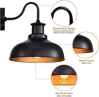 Outdoor Gooseneck Barn Lights, Farmhouse Outdoor Wall Sconces, Rustic Exterior Wall Mount Lights, Vintage Outside Lighting Fixtures, Industrial Black Gold Lanterns for Porch Garage Patio, 4 Pack