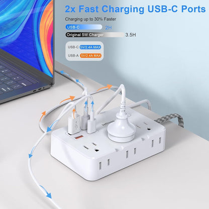 Flat Plug Power Strip Surge Protector, 5ft Ultra Thin Extension Cord with 4 USB Wall Charger(2 USB C Port), 6 Widely-Spaced Outlets Power Strip Compact for Travel, Office, Dorm Room Essentials (White)