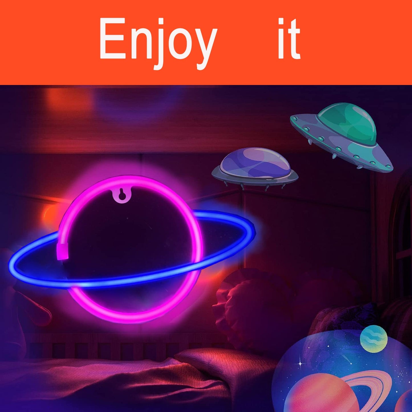 YouokLight planet neon signs for wall decor, LED neon light wall mount USB or battery powered planet light, aesthetic hanging Saturn, planet neon lights for bedroom, game room, pink and blue