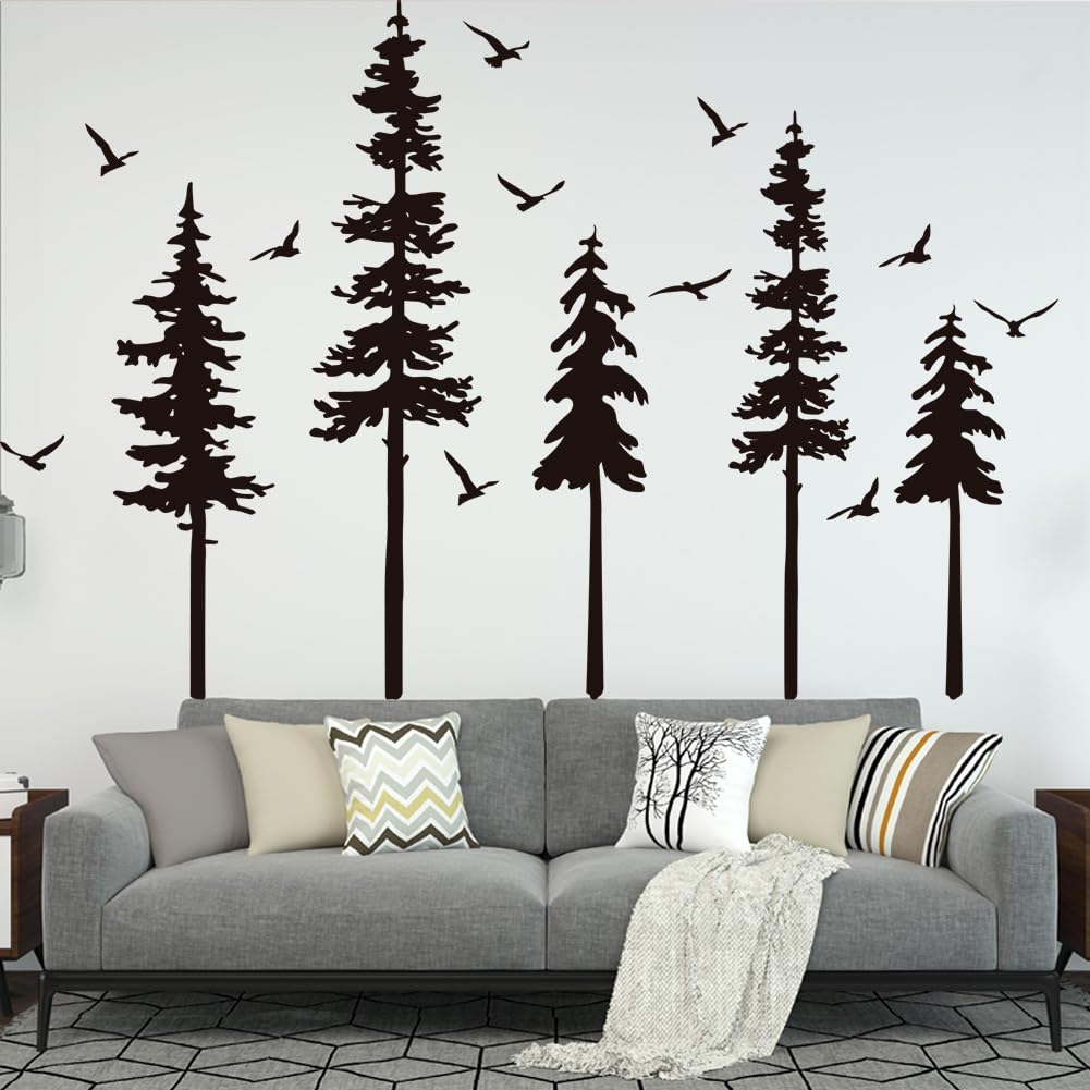 Large Pine Trees Wall Decals Black Forest Wall Stickers Christmas Decoration Wallpaper Woodland Animal Birds Mural Decals Peel and Stick Vinyl Wall Art Stickers for Bedroom