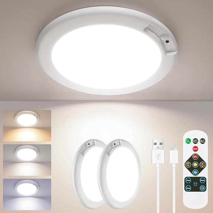 SunRider 2Pack Rechargeable Motion Sensor LED Ceiling Light with Remote, 3CCT Cordless Closet Lights Battery Operated for Shower Stair, Magnetic Mount