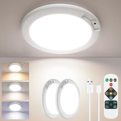 SunRider 2Pack Rechargeable Motion Sensor LED Ceiling Light with Remote, 3CCT Cordless Closet Lights Battery Operated for Shower Stair, Magnetic Mount
