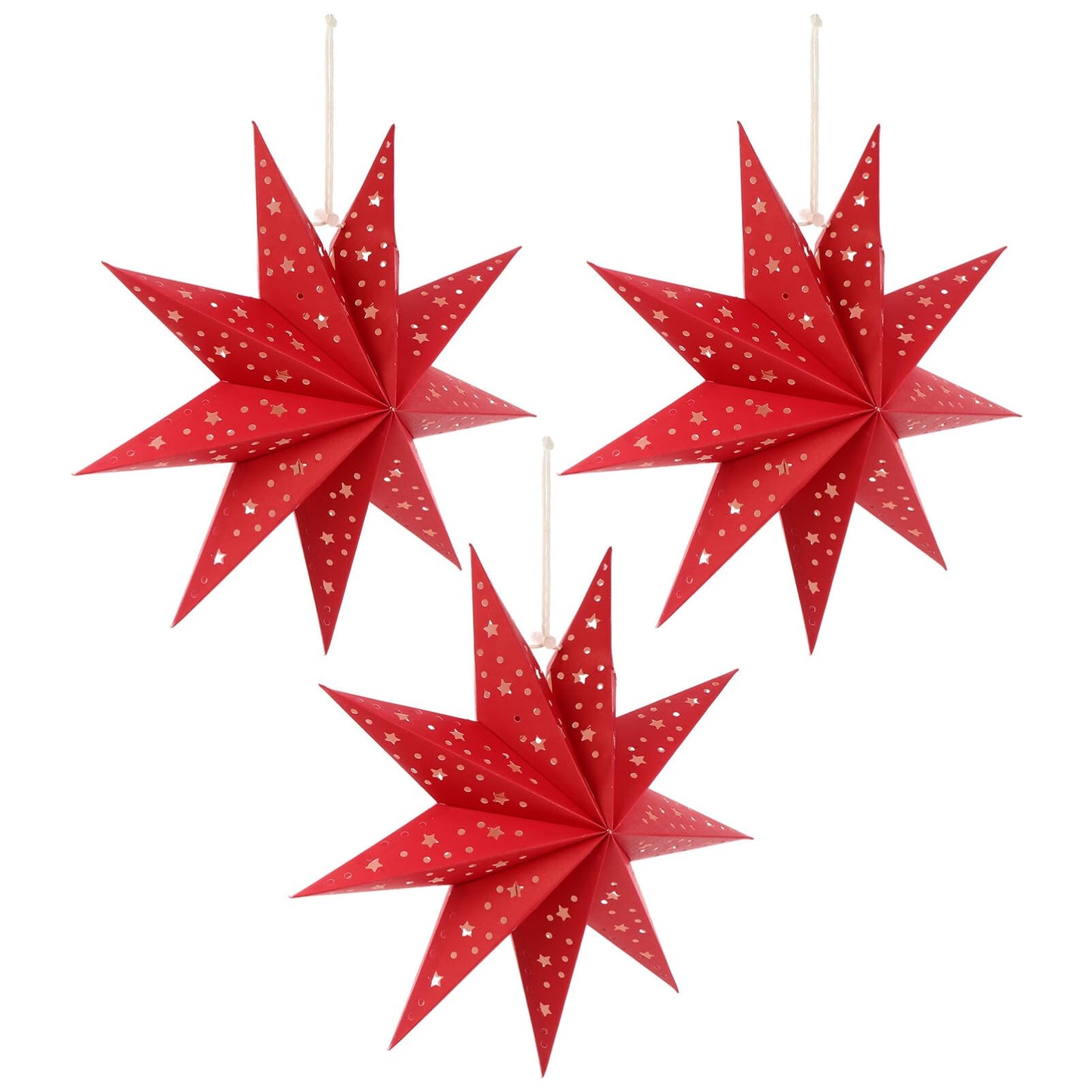 3Pcs Paper Star Lantern Lampshade 9 Pointed Star Hanging Decorations for Christmas New Year Wedding Party Holiday Birthday, Red