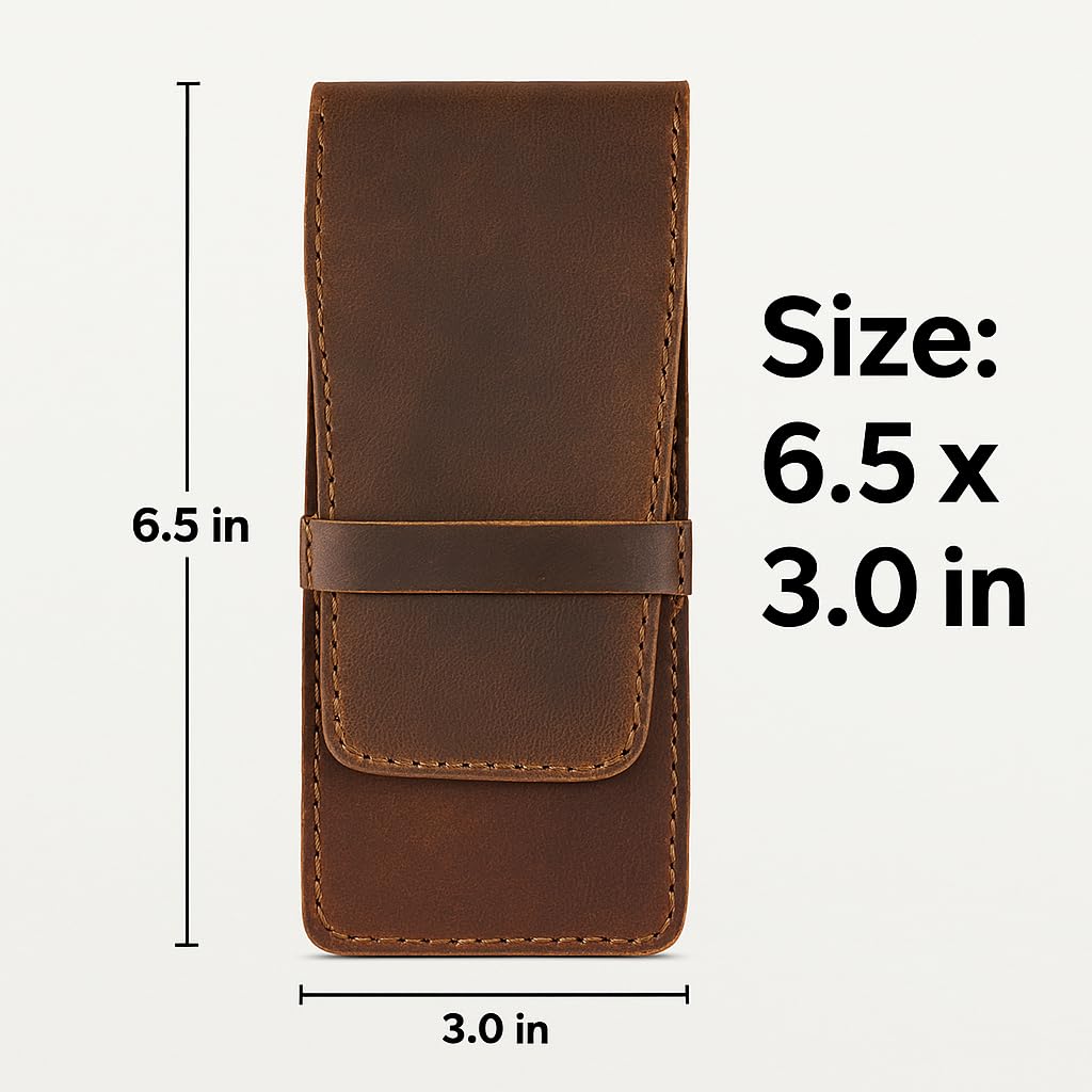 TheAntiq Leather Pen Holder, Genuine 3 Pen Case with Tuck-in Flap, Brown Leather Case for Fountain, Ballpoint & Rollerball Pens, Travel Organizer, Luxury Executive Pen Storage Sleeve (3 Pen, Brown)