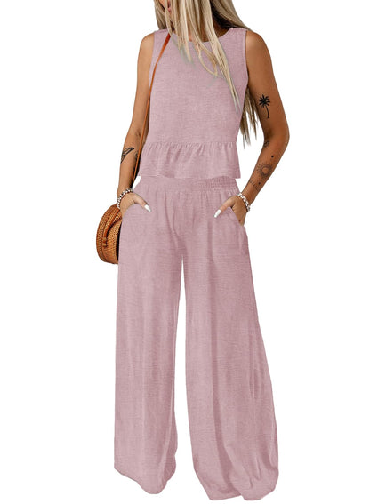 Dokotoo Pants Sets Women 2 Piece Outfits Sleeveless Round Neck Tank Tops Matching Sets for Women Elastic Waist Wide Leg