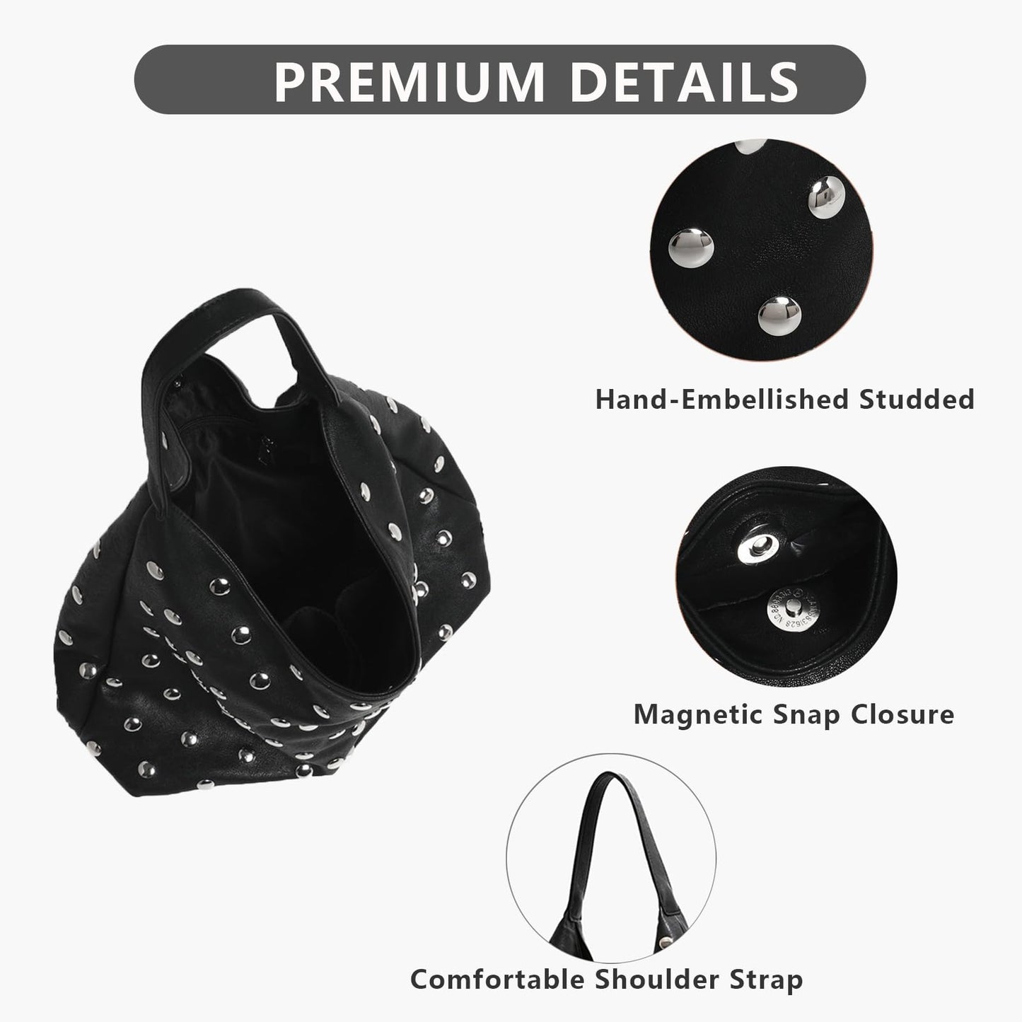 Liziblloy Studded Purse Soft Leather Studded Bags for Women Studded Slouchy Hobo Shoulder Handbag Tote Purse,Black