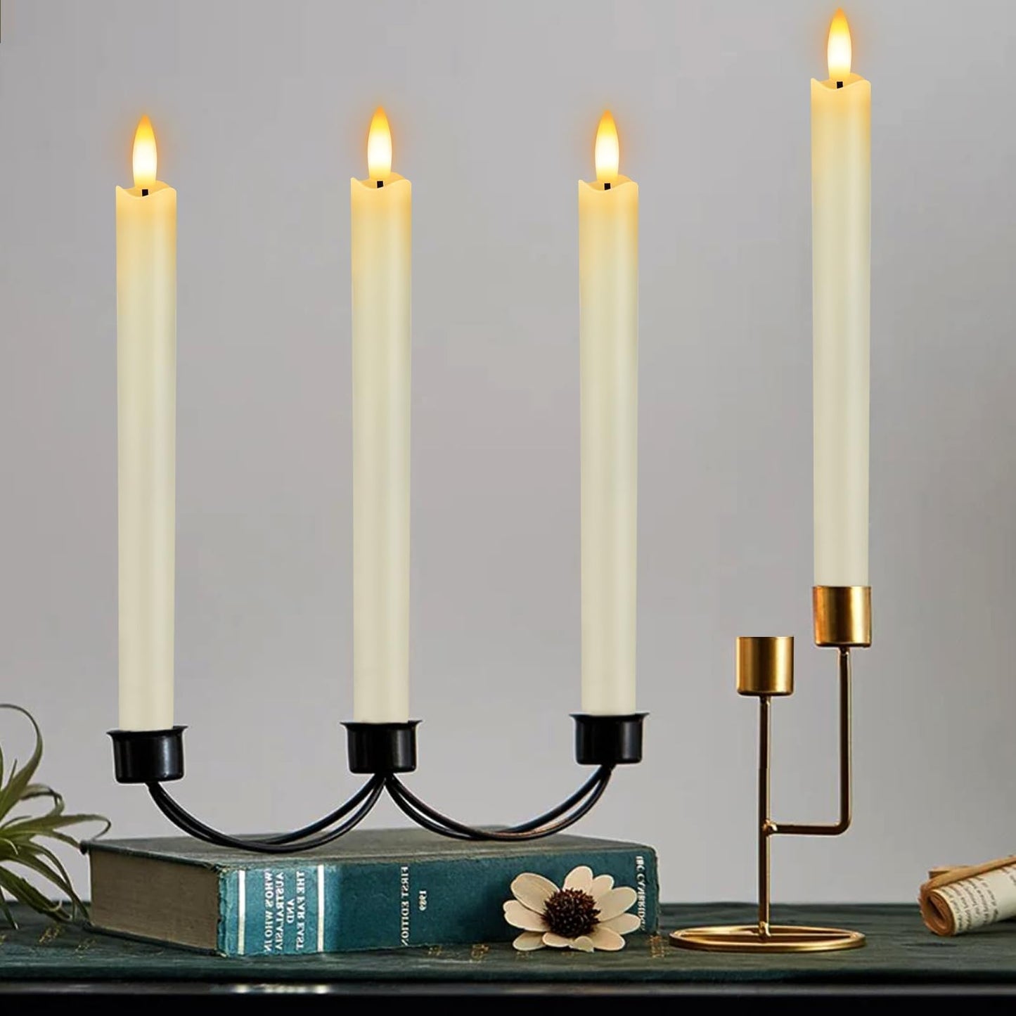 HINZER 6 Pcs Flameless Taper Candles with Remote & Timer 9.6 inch Real Wax Battery Operated LED Warm 3D Wick Flickering Window Candles for Halloween Christmas Wedding Decor, Ivory