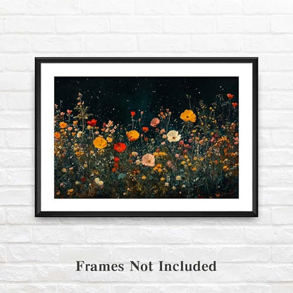 Yesad Wildflowers Field Landscape Wall Art, Floral Canvas Wall Art Wildflowers at Night Flower Prints Painting Rustic Wall Décor for Living Room Bedroom Farmhouse (Unframed,12"x8",Wildflower1)