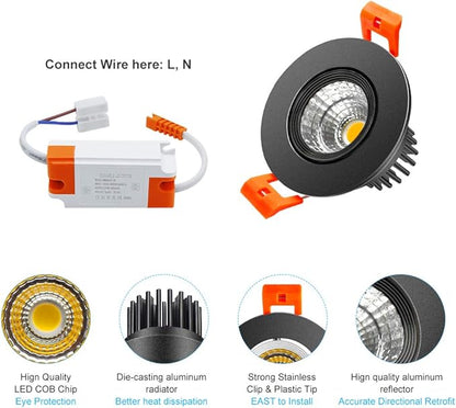 2 Inch LED Downlight, 3W Recessed Lighting COB Dimmable, 3000K Warm White, CRI80, Black Trim, Ceiling Lights with LED Driver, 1 Pack