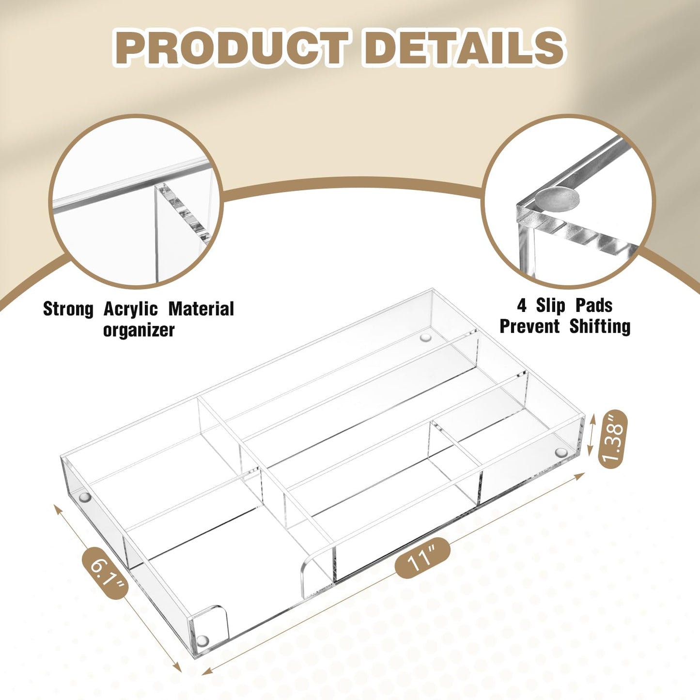 Briwooody Clear Acrylic Desk Drawer Organizer 11 x 6.1 x 1.38 Inch Storage Tray Organizer for Pens, Stationery, Desktop, Office, Bathroom, Kitchen, Makeup Supplies (6 Compartments)