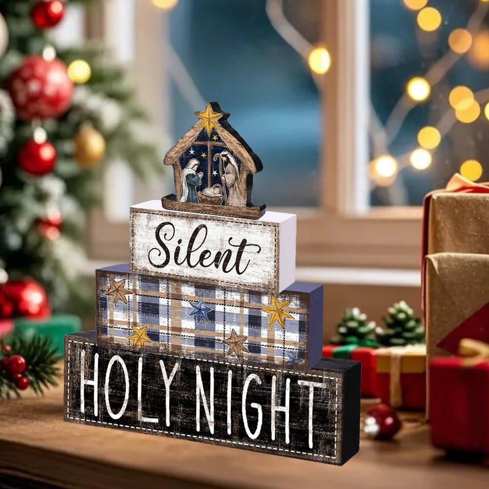 DIYDEC 4Pcs Christmas Table Decoration Christmas Jesus Wooden Block Sign Xmas Tiered Tray Decor Winter Centerpiece Decorative Sign for Holiday Tabletop Coffee Fireplace Shelf Desk Party Decor