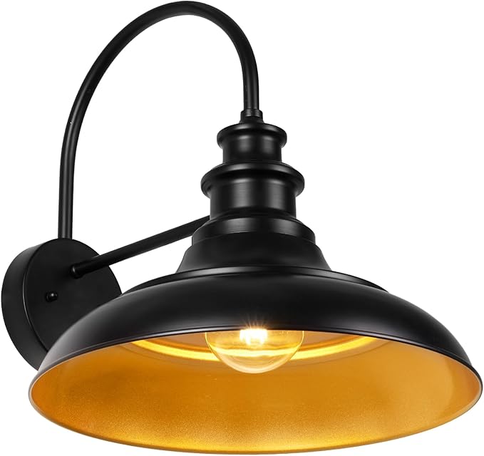 Outdoor Barn Light Fixture, 16 Inch Large Dome Farmhouse Exterior Wall Mount Light, Rustic Gooseneck Wall Sconce Indoor Wall Lighting Fixture, Industrial Black Gold Lantern for Porch, 1 Pack