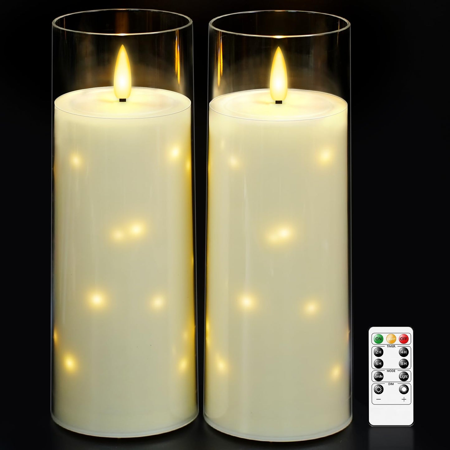 kakoya 11" x 4" Large Outdoor Waterproof Flameless LED Candles with Remote and Timer,Acrylic Pillar Candles Battery Operated with Embedded Star String for Porch,Patio,Outdoor Decor,Set of 2(Ivory)