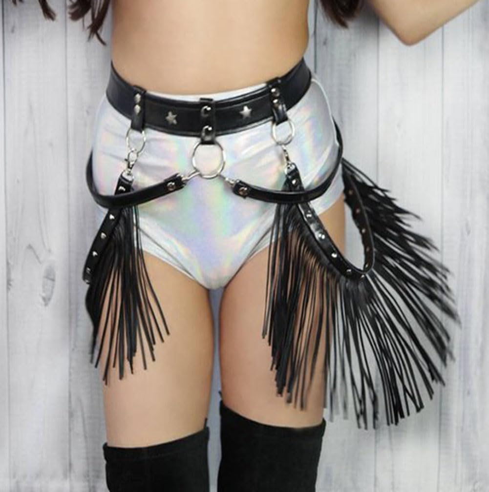 Pinwe Women Body Harness Garter Punk Leather Waist Belts with Fringe Gothic Leg Tassel Belt for Dress Festival Dance Consume