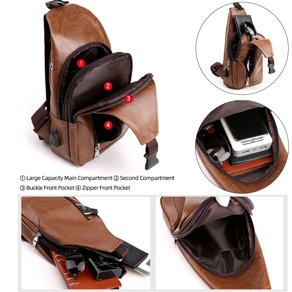 Peicees Leather Sling Bag Mens Crossbody Chest Bag Sling Backpack for Men with USB Charge Port