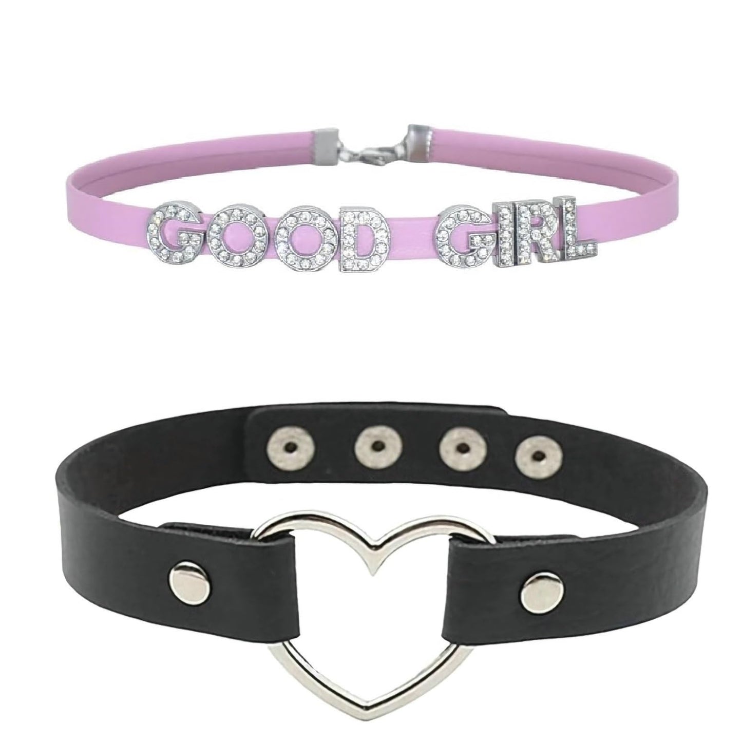 GlitterWe 2Pcs Pink Cute Sweet Y2K Adjustable PU Leather Choker, Black Punk Love Heart Collar Chain Goth Jewelry Necklace for Women